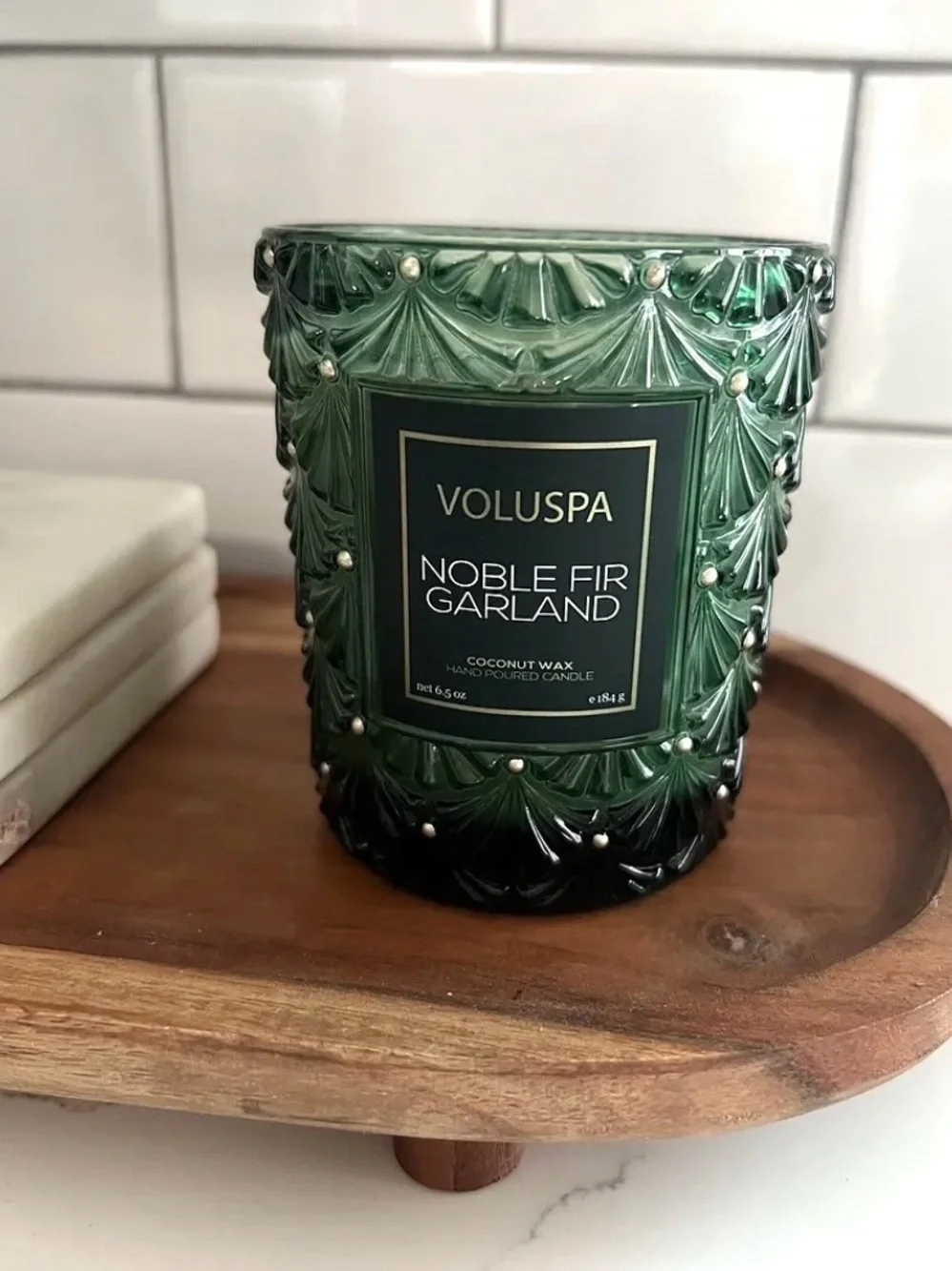 ❗️Voluspa Noble Fir Garland Green Textured Glass Candle with Decorative Box NWT